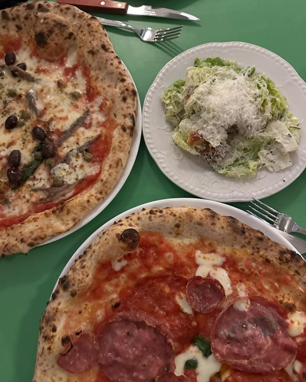 Pizza and Caesars salad at Rudy's pizza, Durham