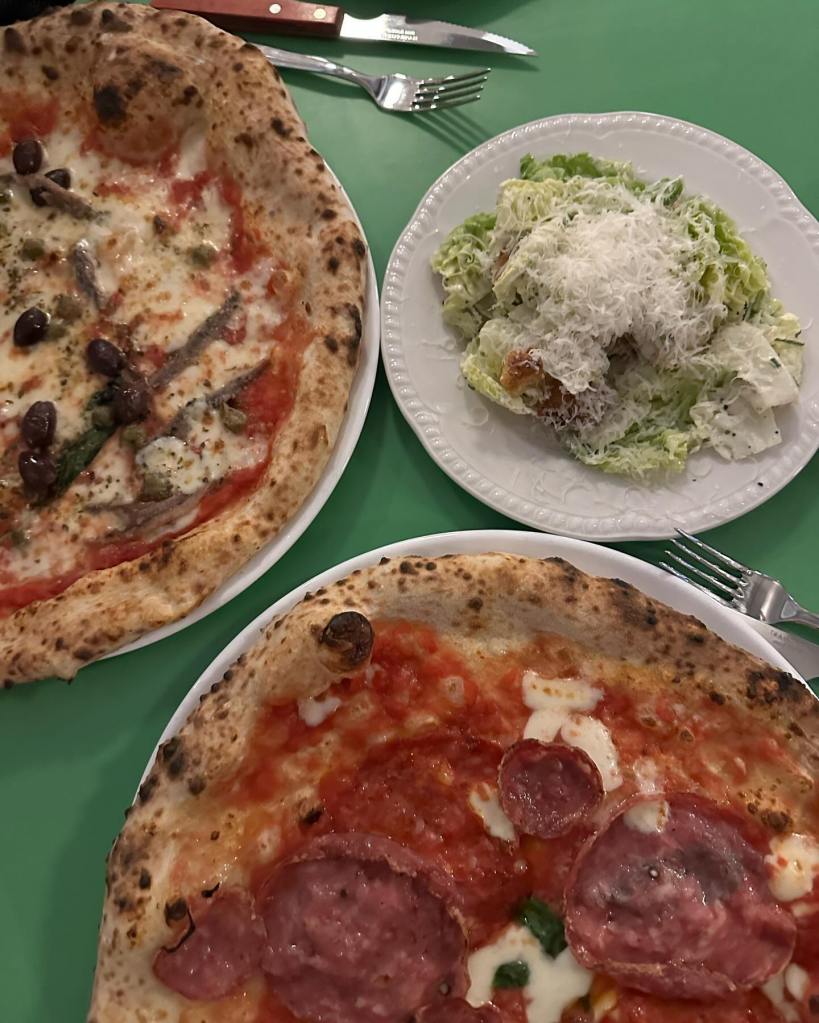 Pizza and Caesars salad at Rudy's pizza, Durham