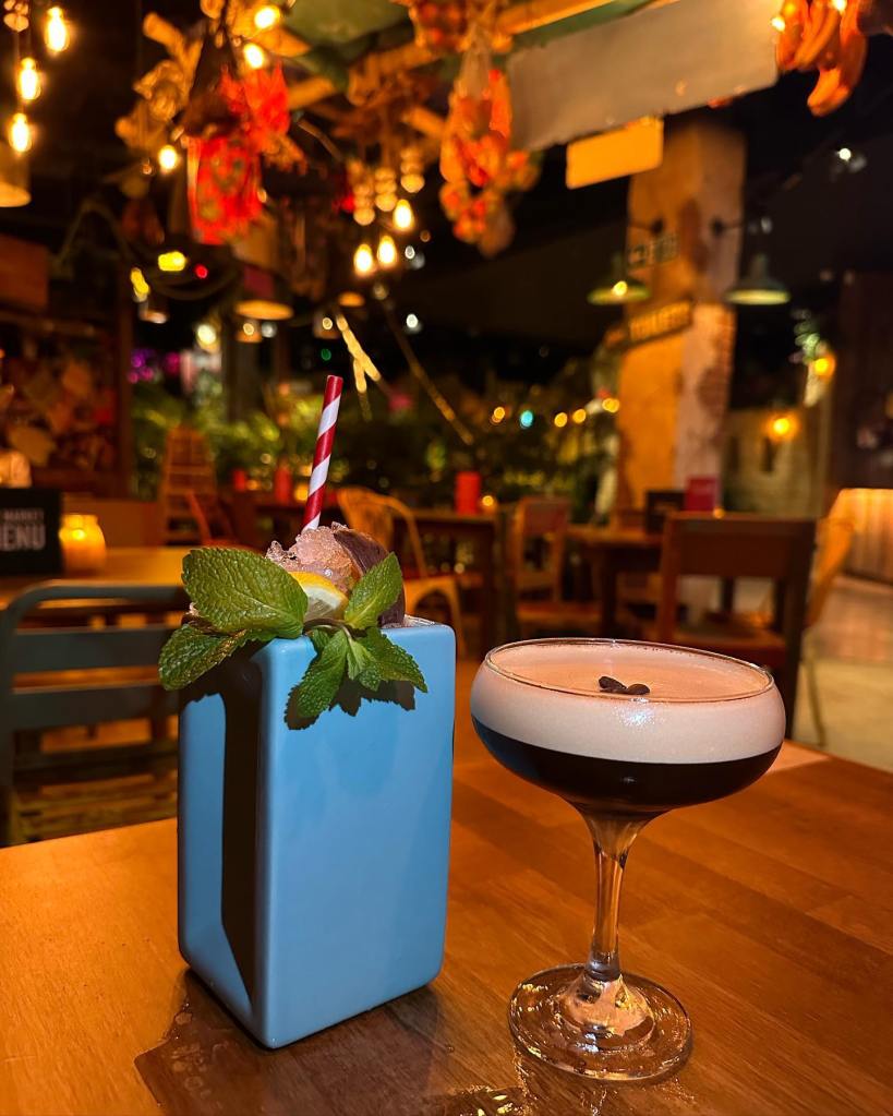 Espresso Snowtini cocktail and the Tweetopia cocktail from Treetop Golf, a tropical twist on a Long Island Iced Tea