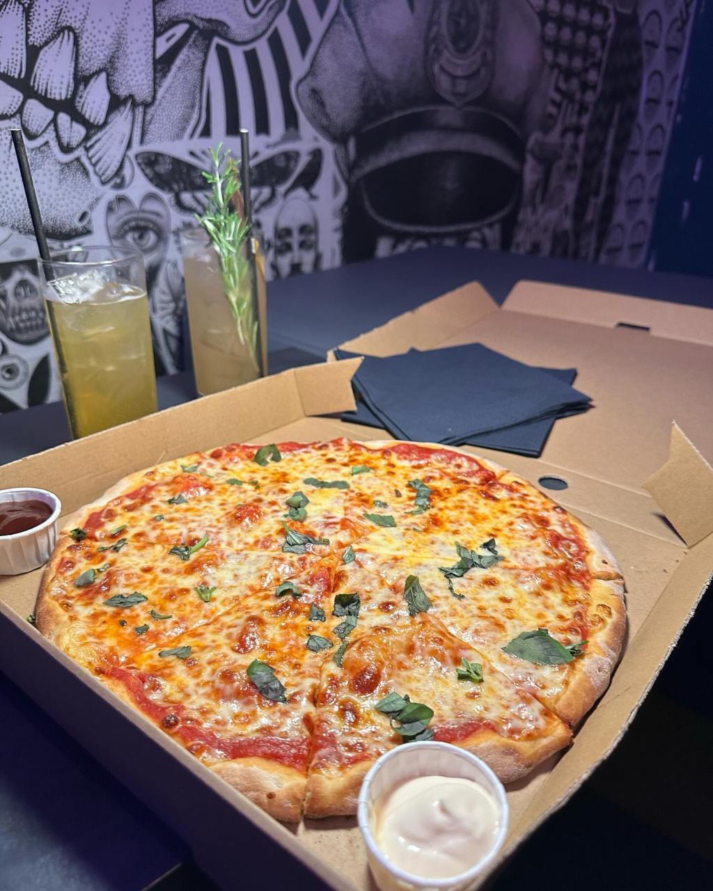 Leonardo Margherita Pizza named after Teenage Mutant Ninja Turtles, featuring delicious toppings at Four Quarters