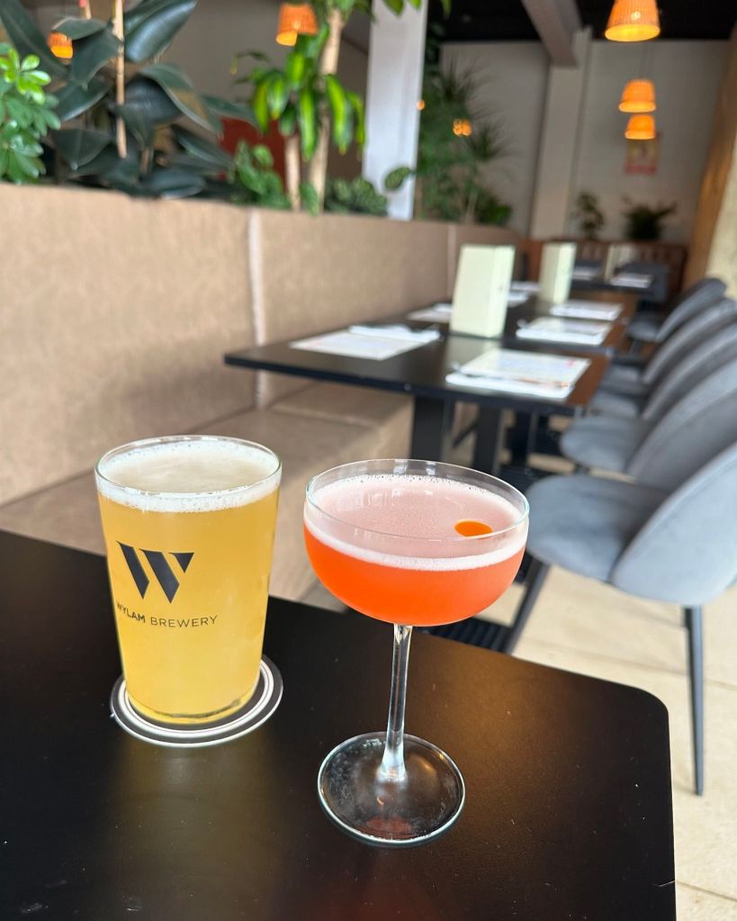 A selection of cocktails at Thali Tray, including Old Friends Margarita, Dirty Chai Martini, and Mango Lassi Clarified Pina Colada