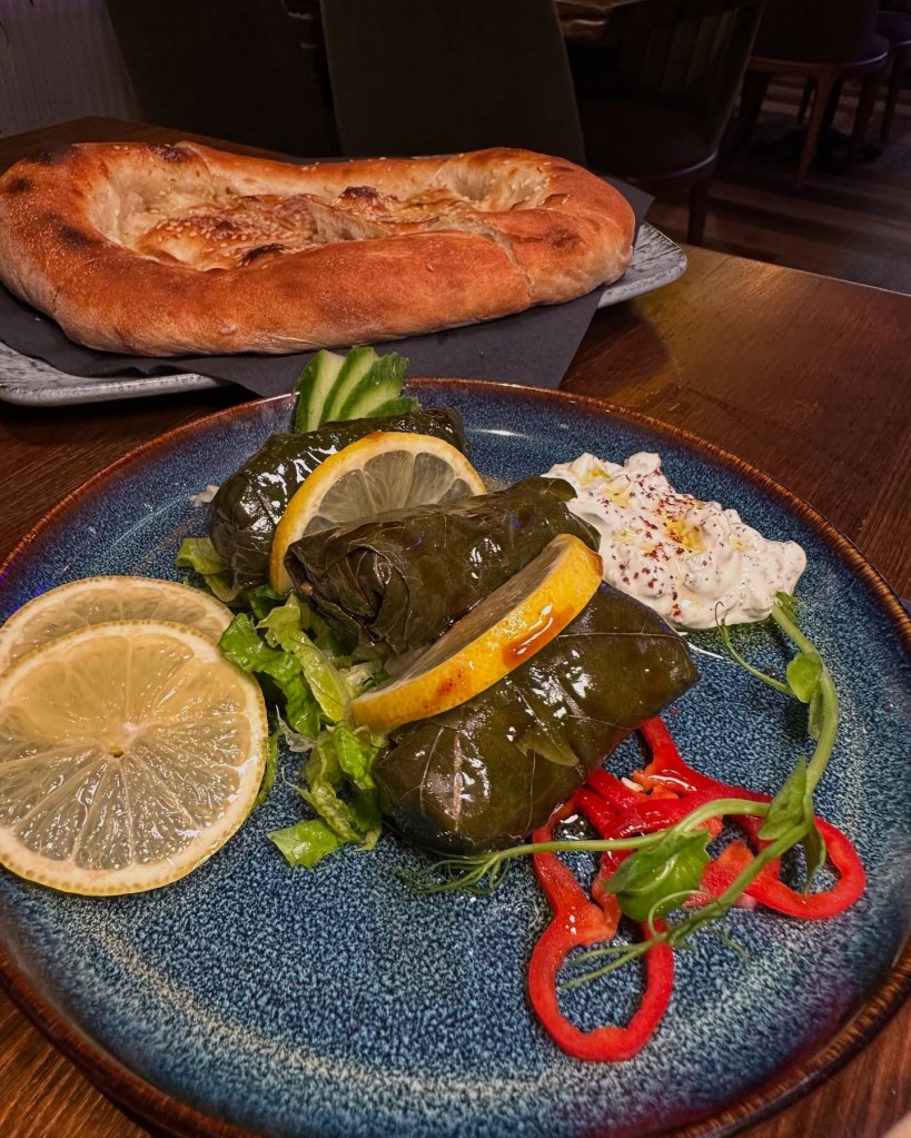 Homemade vine leaves stuffed with rice, onion, and herbs, paired with creamy yogurt dip at Saray Turkish Restaurant, Jesmond