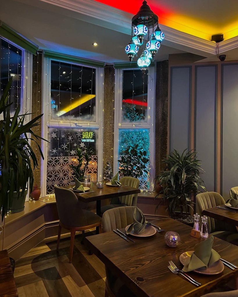Elegant and welcoming interior of Saray Turkish Restaurant in Jesmond, featuring modern décor with Turkish accents