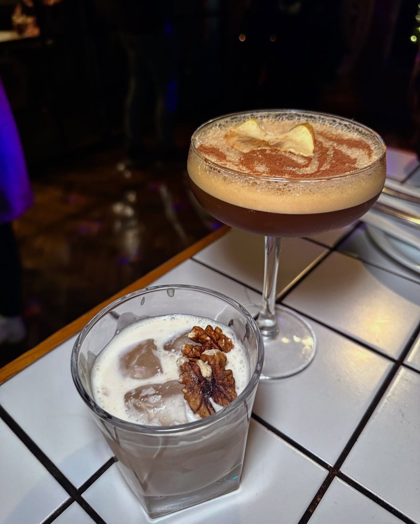 Coffee Walnut Whip cocktail with toffee vodka, Frangelico, and Kahlua cream