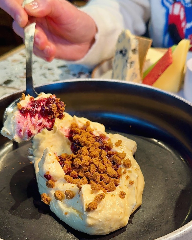 Biscoff cheesecake mousse with warm spiced fruit compote at Horticulture.