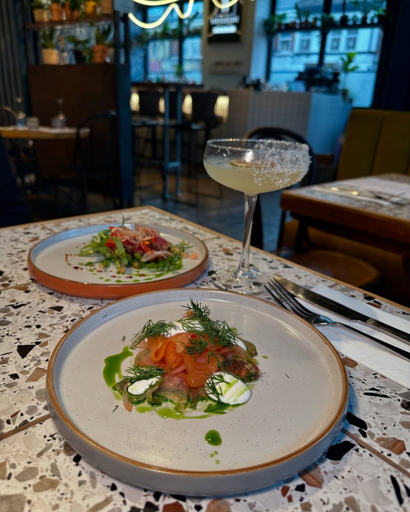 Harissa cured salmon with horseradish mayo & beetroot carpaccio at Horticulture and Rare beef salad with succulent beef and fresh greens at Horticulture.