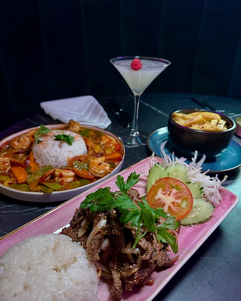 King Prawn Firecracker and Neua Yang Nam Tok served together with sticky rice.