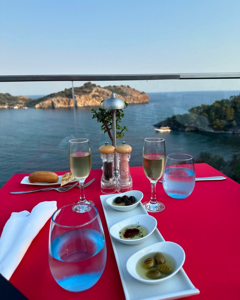 An array of dishes at TUI Blue Seno, including Turkish meze platters, fresh seafood, and vibrant international cuisine served in a scenic al fresco dining area.