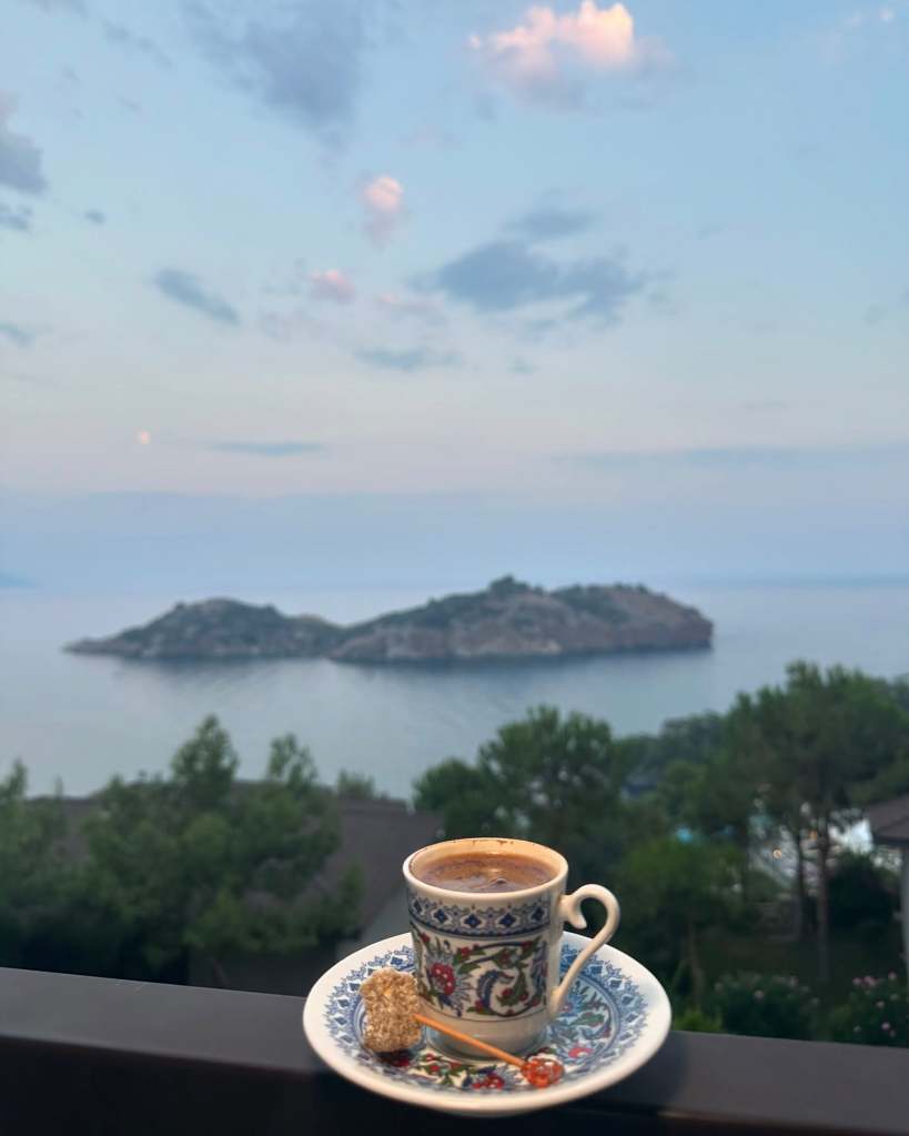Modern sea-view room at TUI Blue Seno with a private balcony overlooking the turquoise coast, featuring elegant decor and a luxurious rainfall shower.