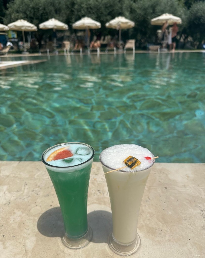 A vibrant selection of drinks at TUI Blue Seno, including colorful cocktails, fresh juices, and chilled wines served in elegant glassware, set against a backdrop of Mediterranean greenery.