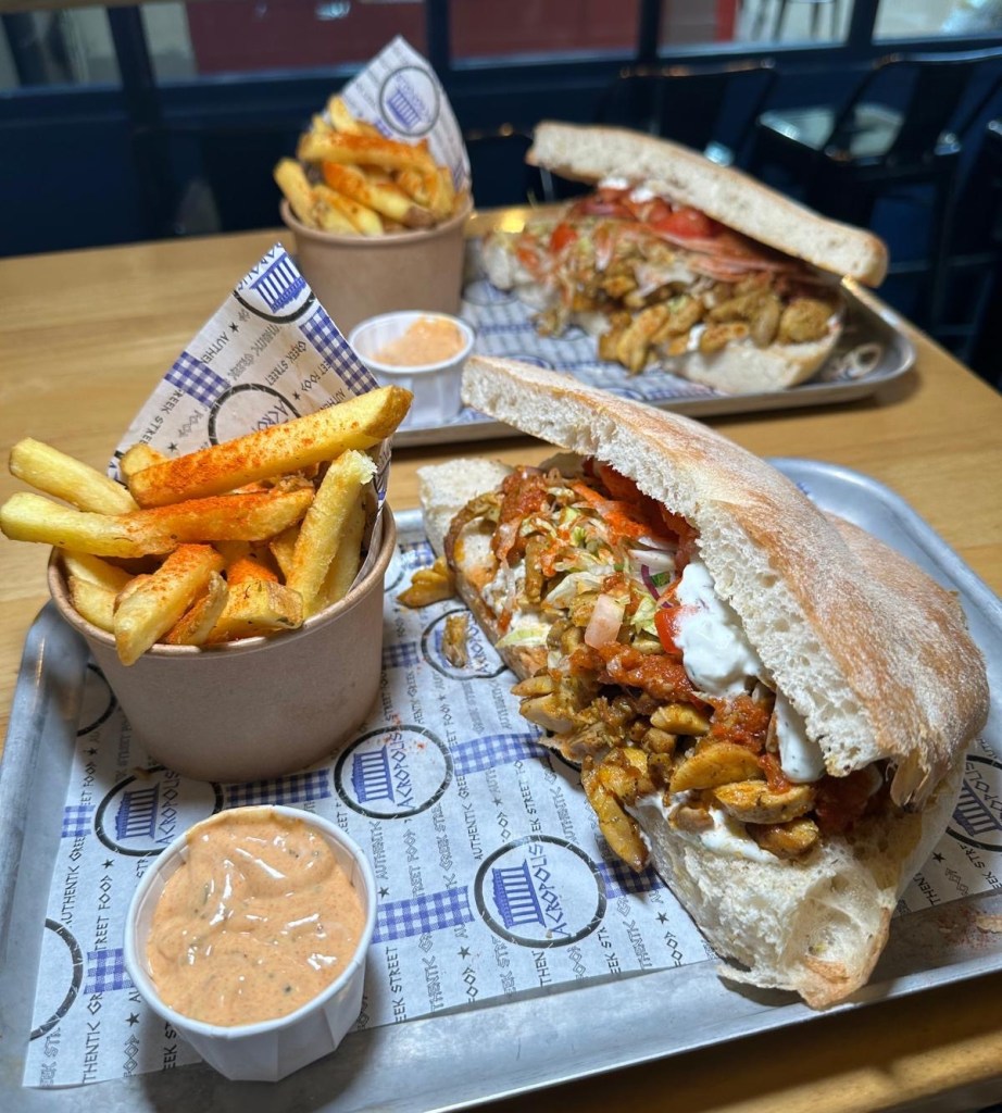 A Geordie Gyros featuring tender grilled chicken or halloumi, crisp salad, and Acropolis’ signature sauce, all wrapped in a soft, floury stottie.