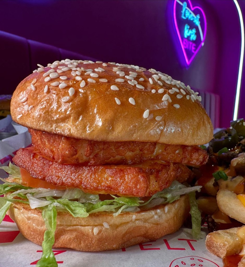 Halloumi Burger with crispy, golden halloumi, sweet sauce, and fresh veggies at Dream Burger