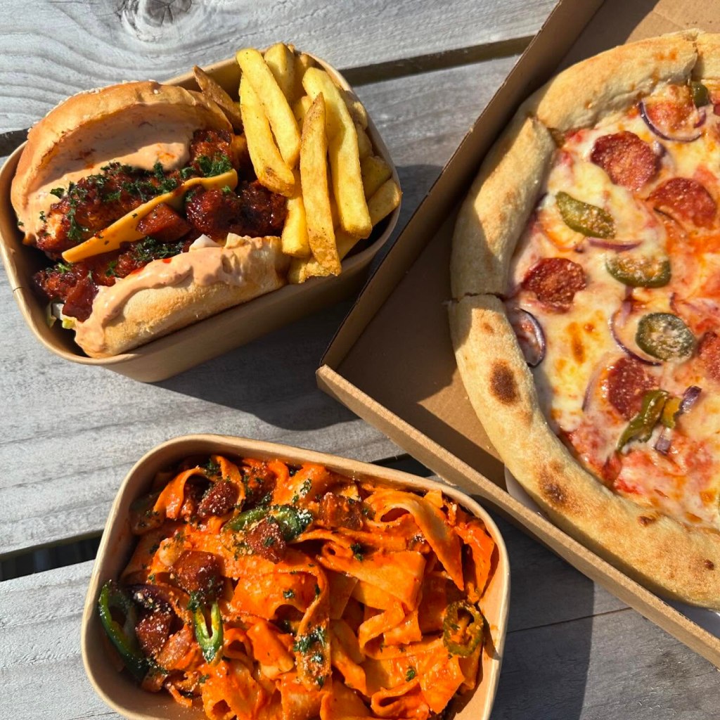 Pizza, burger, and pasta dishes from Farina Italian Kitchen, Newcastle