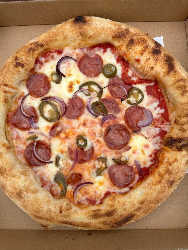 Pepperoni pizza with a chewy crust from Farina Italian Kitchen, Newcastle