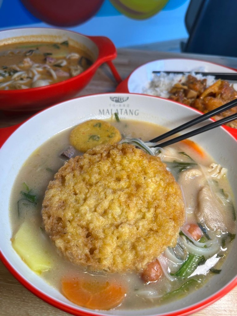 A rich and creamy Tonkotsu Malatang bowl with a mix of meats, fresh vegetables, and noodles, served with a flavorful broth.