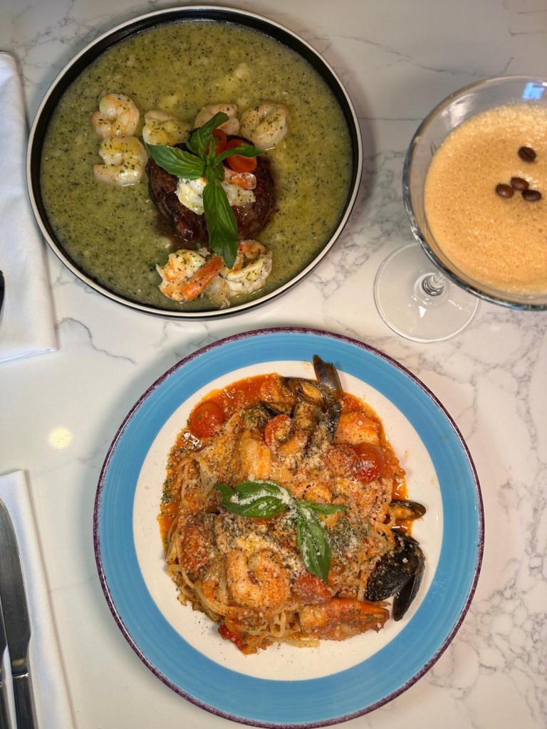 Fillet surf and turf, linguine marinara, garlic bread, and chunky chips at Da-Zero