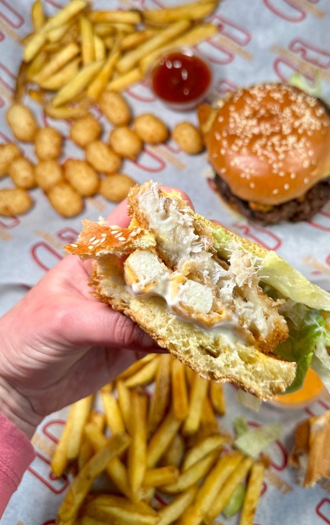 Fish Squared burger with halloumi sticks and extra gherkins served at Craft Burger South Shields.