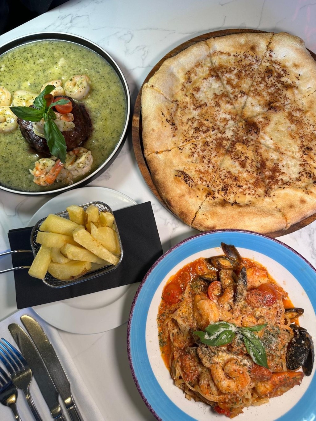 Fillet surf and turf, linguine marinara, garlic bread, and chunky chips at Da-Zero