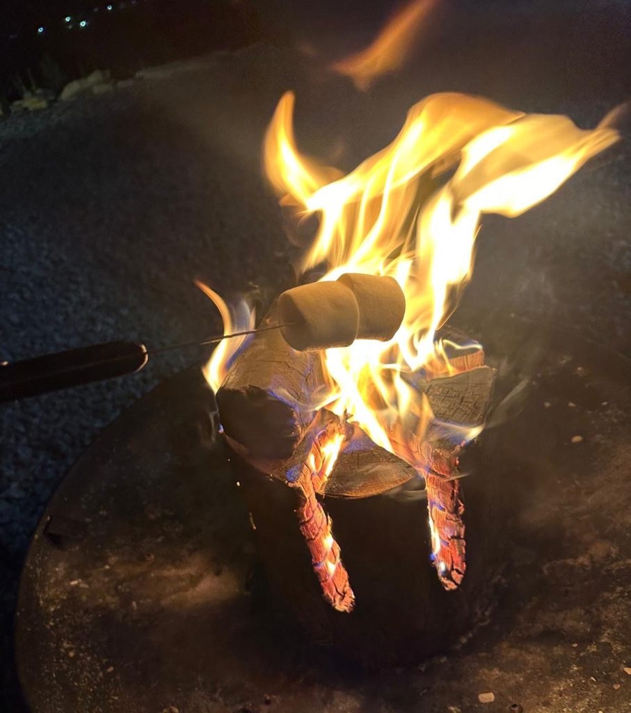 Outdoor fire pit setup for roasting s’mores at High Hill Stay lodge.