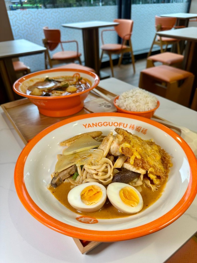Freshly cooked Malatang bowl with king prawns, homemade noodles, and vegetables in sweet and sour broth