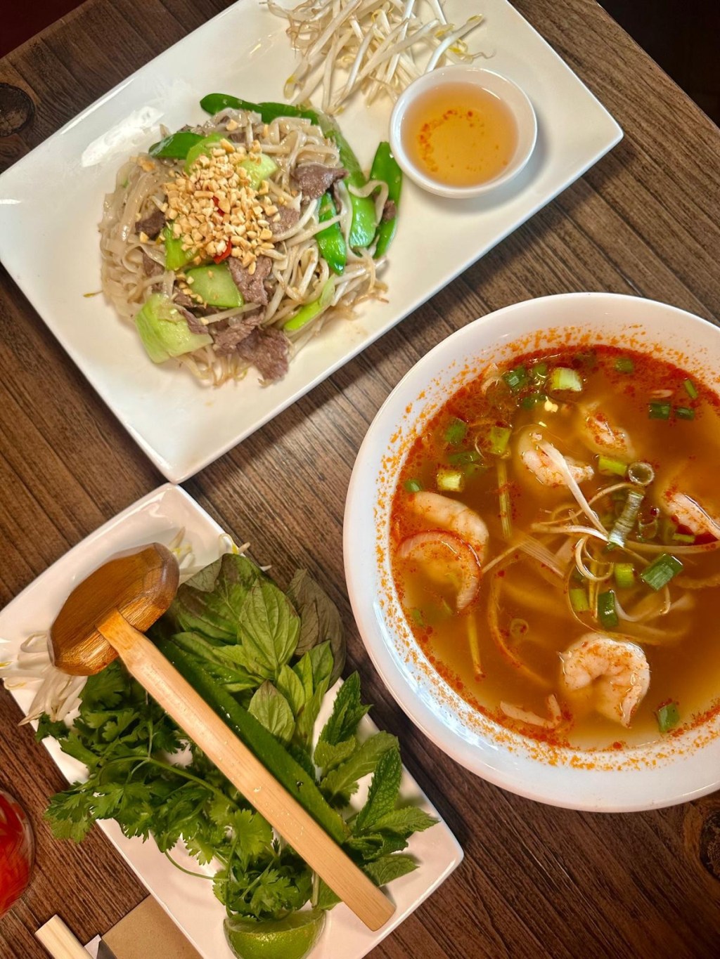 Vietnamese noodle soup and stir-fried noodles served at Pho restaurant Newcastle