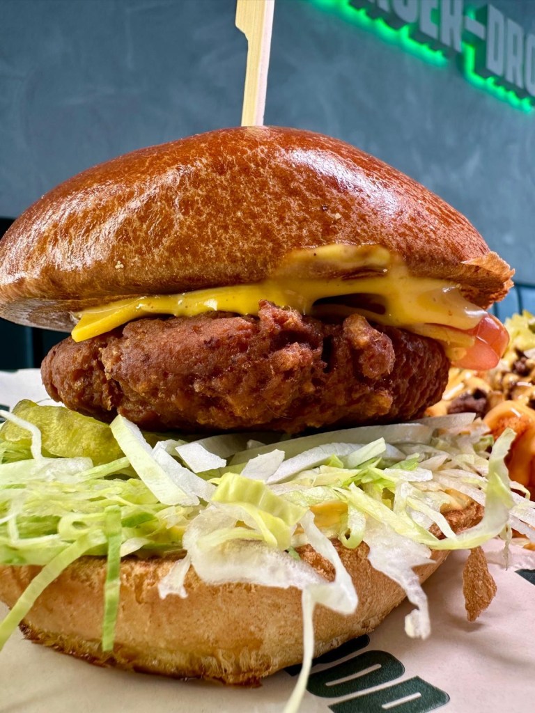 Vegan cheeseburger with plant-based patty and Burger Drop sauce in Sunderland