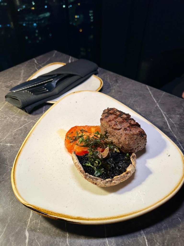 Centre-cut fillet steak with roasted tomato and portobello mushroom at 3Sixty Newcastle