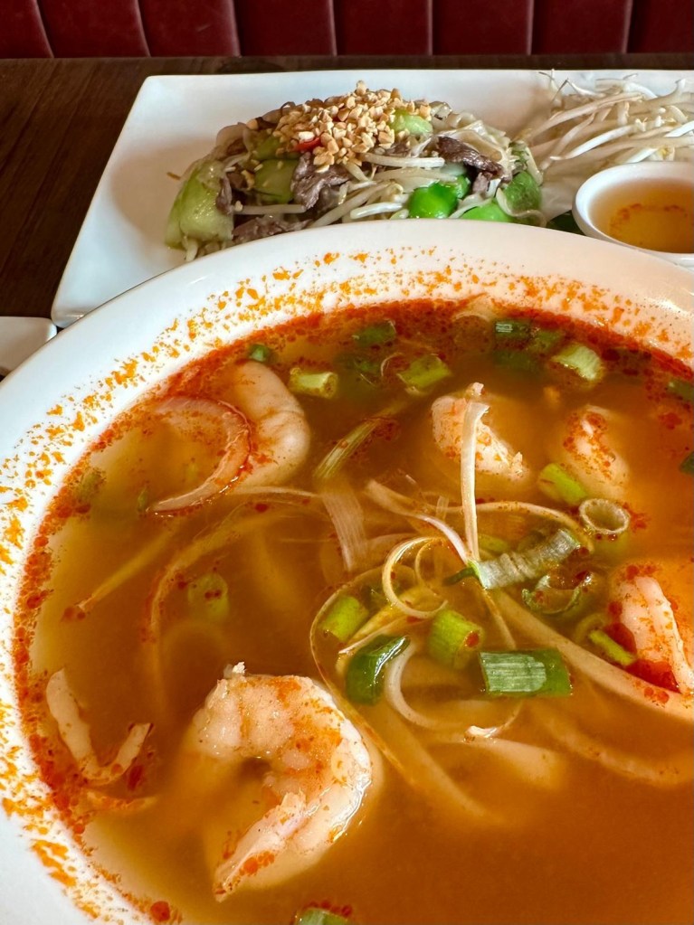 Hot and spicy king prawn pho and wok-fried beef noodles at Pho Newcastle