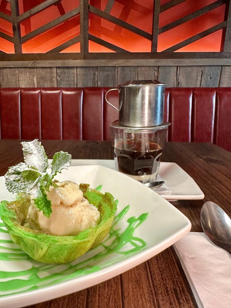 Vietnamese coffee and pandan waffle with honey and ginger ice cream at Pho Newcastle