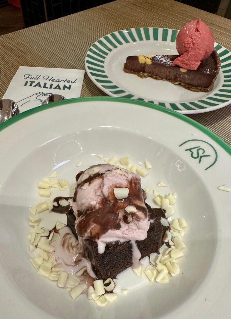 Warm chocolate pudding with melting centre and vanilla gelato at ASK Italian