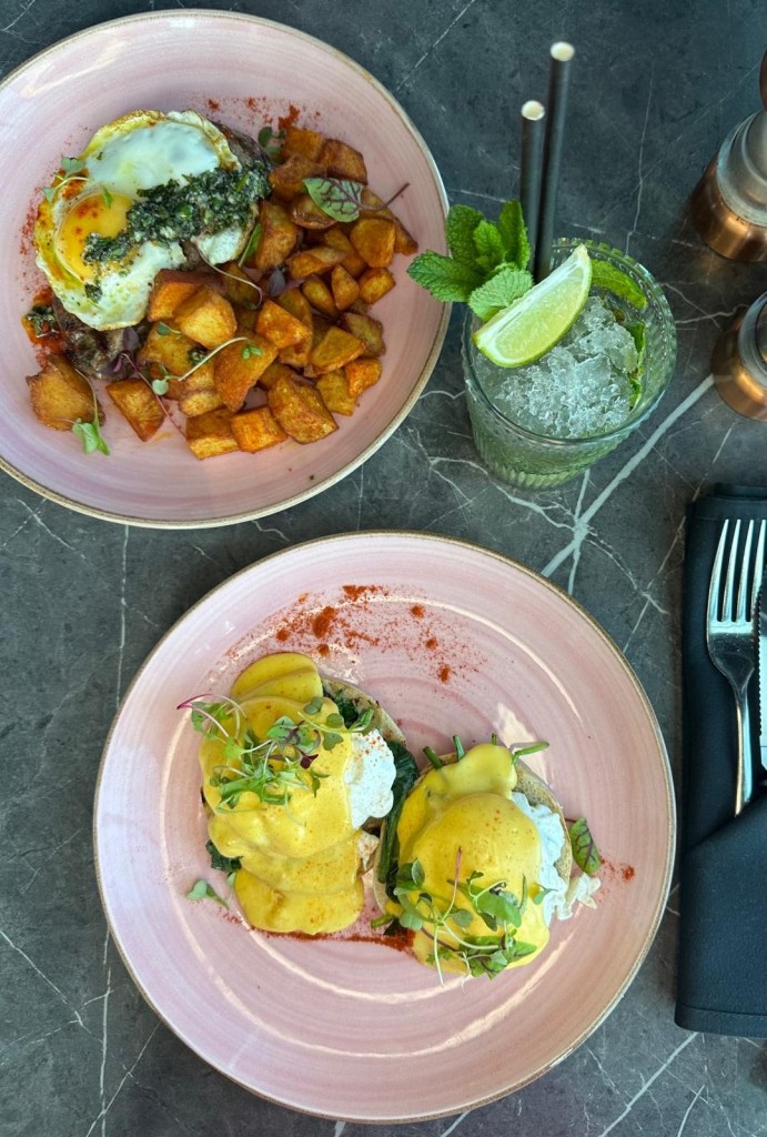 Brunch dishes at 3Sixty Newcastle including Eggs Florentine and steak and eggs