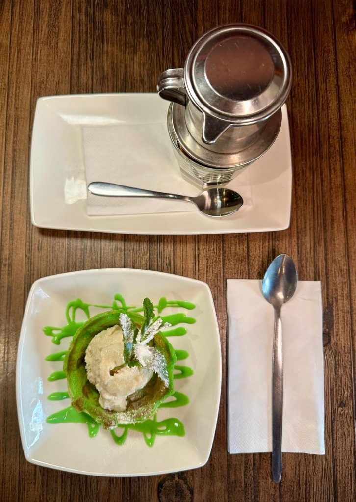 Pandan waffle dessert with honey and ginger ice cream at Pho Newcastle