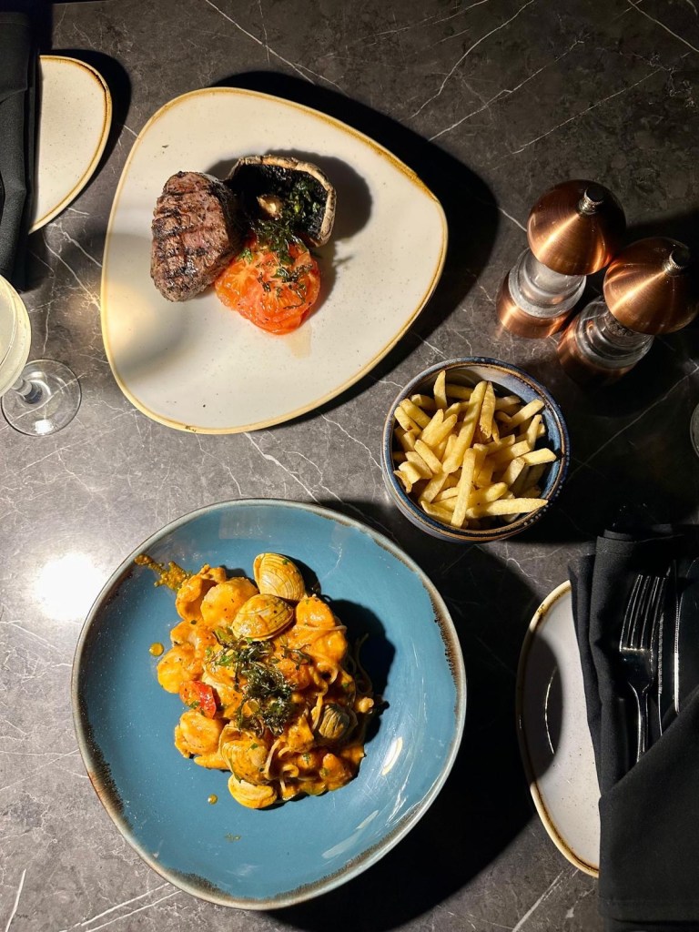 Seafood pasta and centre-cut fillet steak at 3Sixty Newcastle