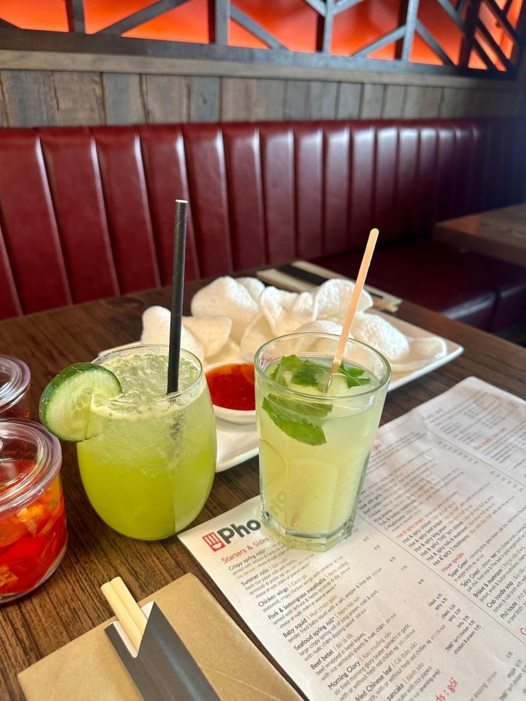 Cucumber fizz and spicy ginger lemonade drinks at Pho Vietnamese restaurant in Newcastle