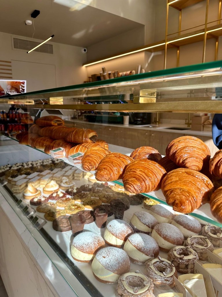 Pastry counter filled with fresh baked goods at Savour Bakery in Gateshead