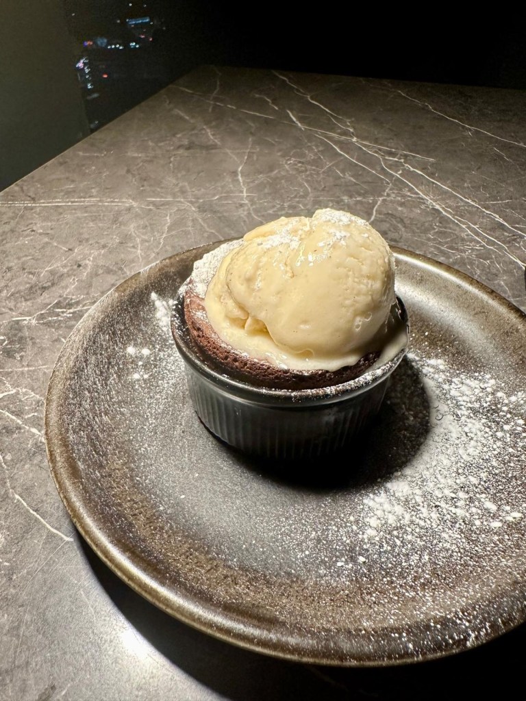Chocolate soufflé with vanilla ice cream at 3Sixty Newcastle