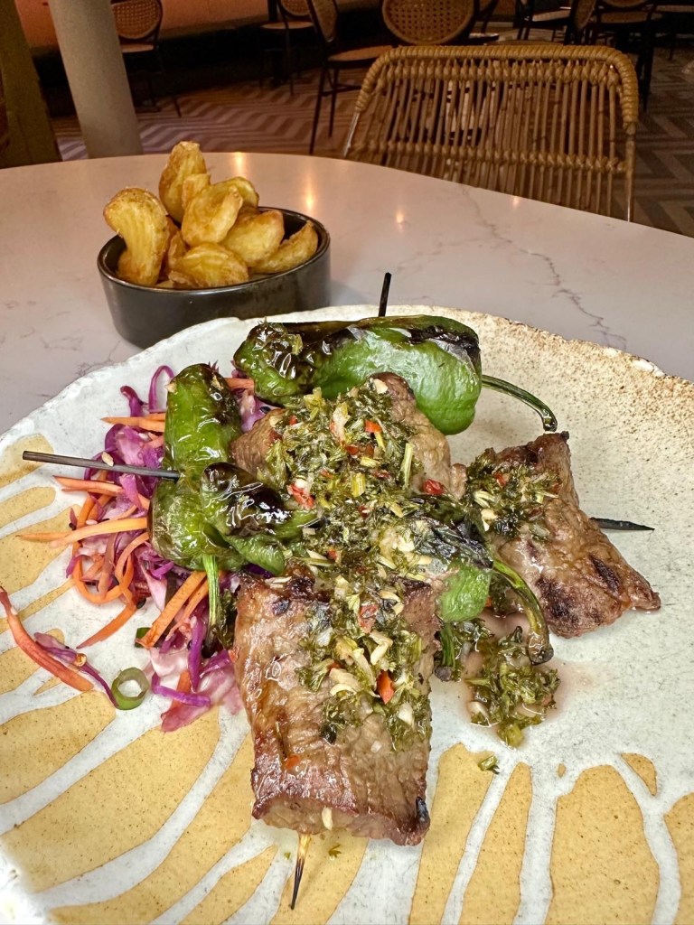 Steak skewer with chimichurri and padron peppers at Moku Newcastle