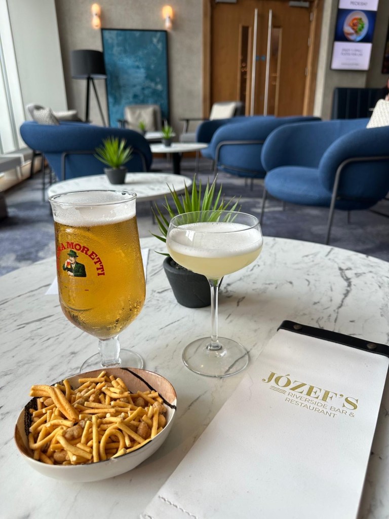 Lager, margarita, and bar snacks served in the stylish lobby bar at Radisson Blu Durham