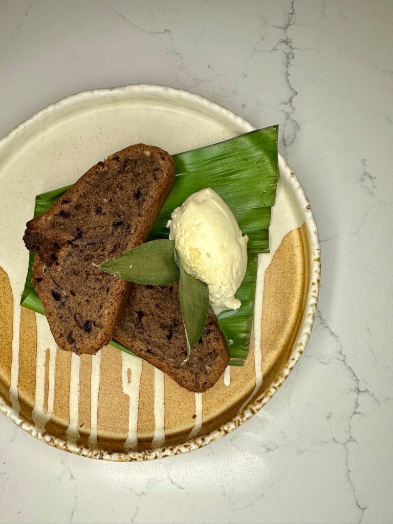 Chocolate chip banana bread with vanilla cream at Moku Newcastle