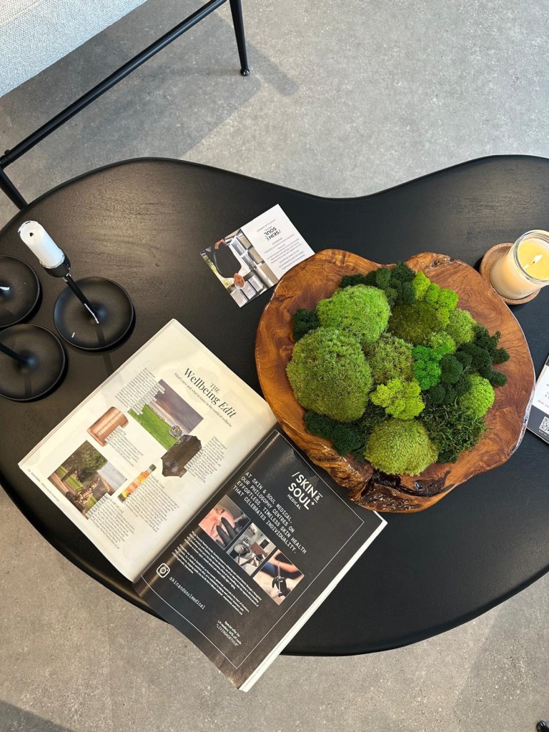 Close-up of stylish decor and skincare displays at Skin & Soul Medical in Newcastle