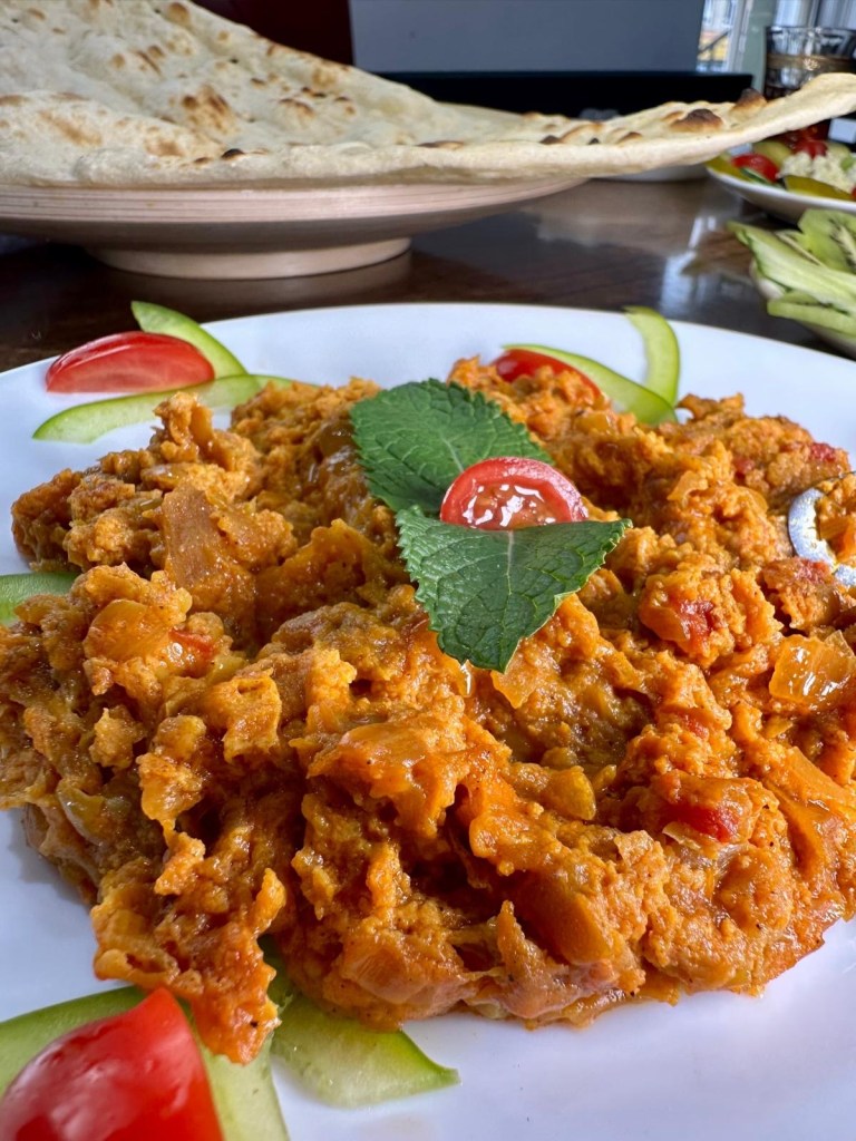 Smoky grilled aubergine starter at Rose Restaurant Newcastle