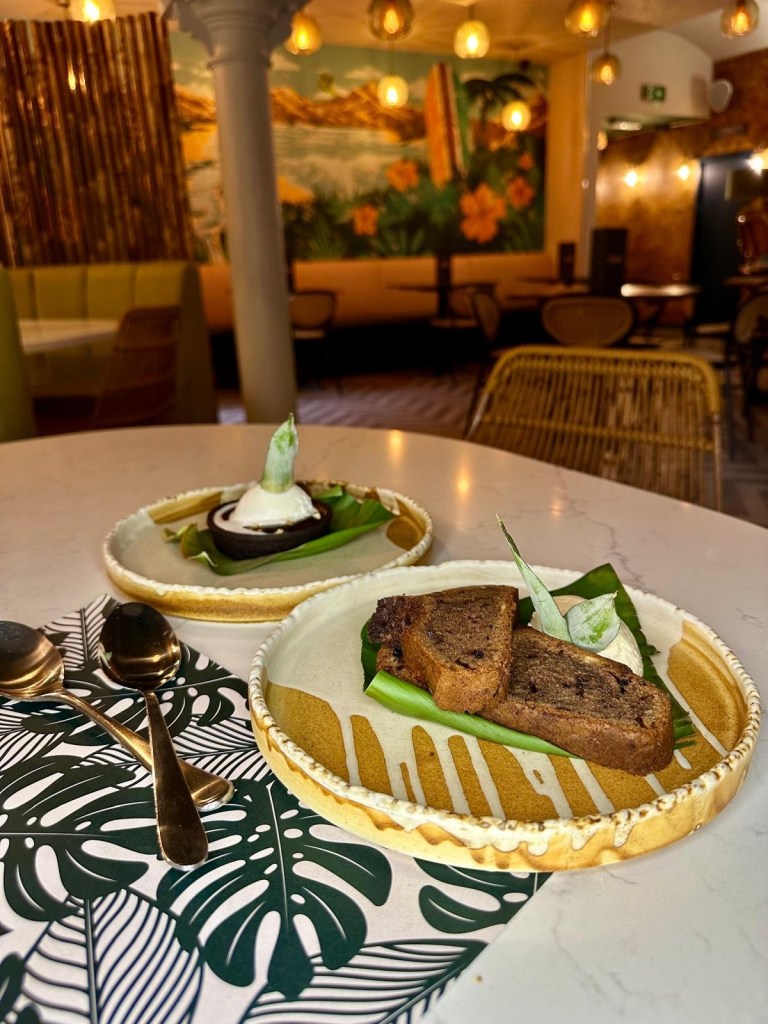 Chocolate chip banana bread with vanilla cream at Moku Newcastle