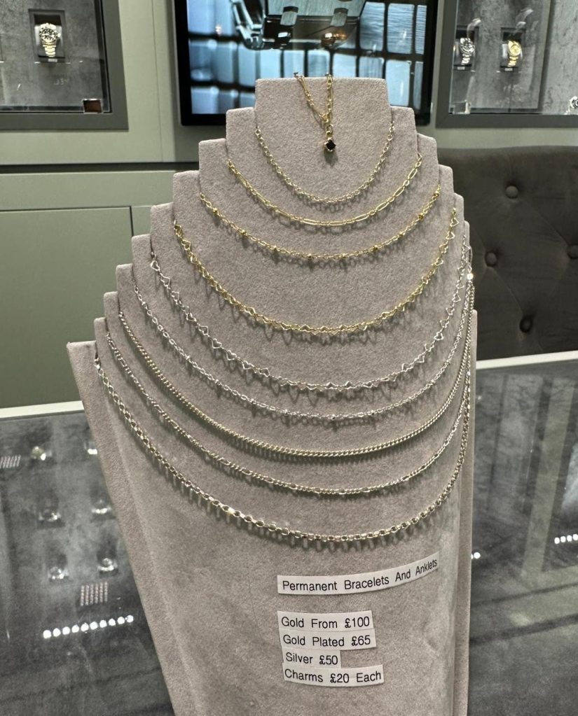 Selection of silver and gold chains at David Summerfield for permanent jewellery in Metrocentre