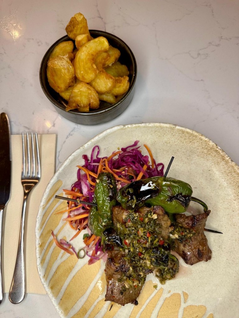 Steak skewer with chimichurri and padron peppers at Moku Newcastle