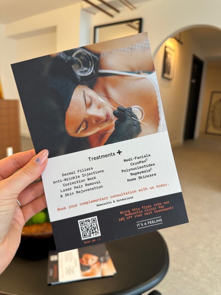 Printed promotional flyer for Skin & Soul Medical aesthetic clinic in Newcastle and Sunderland, showcasing skin resurfacing treatments and holistic facial services