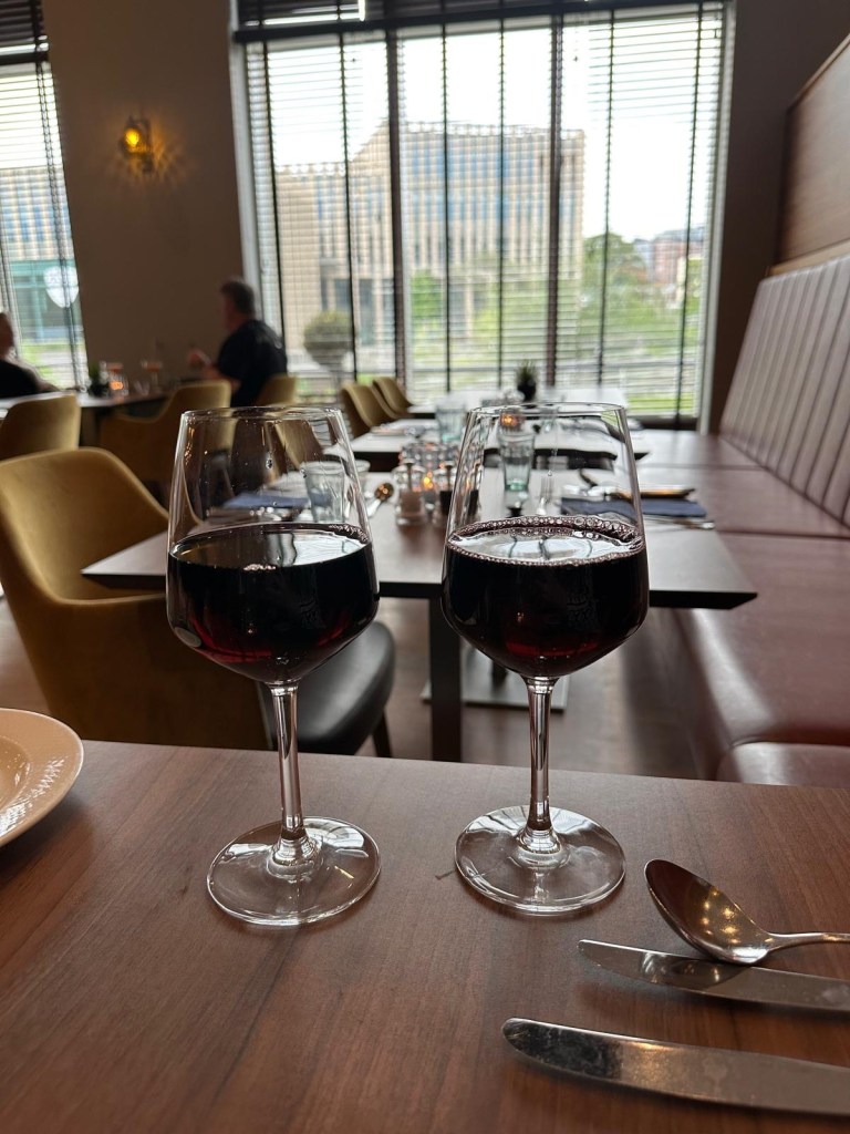 Two glasses of red wine served at Jozef’s Restaurant in Radisson Blu Durham