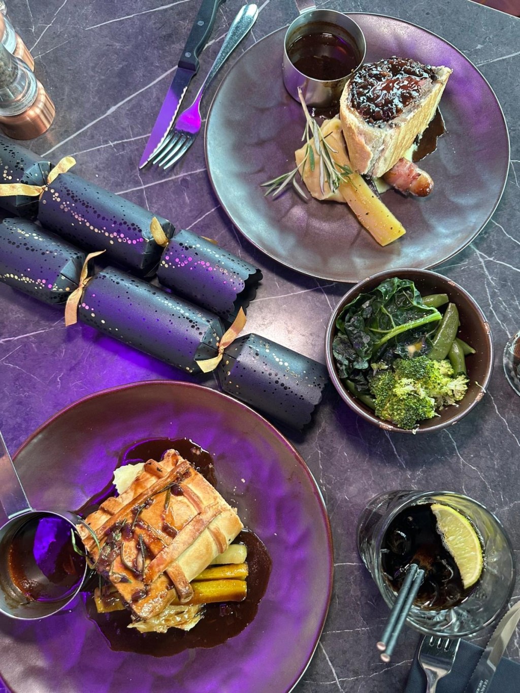 Festive main dishes from 3Sixty Newcastle including beef Wellington and Portobello Wellington.