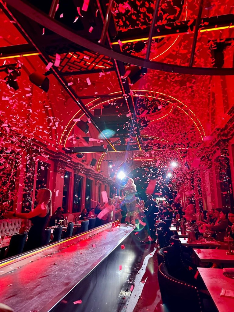 Purple Peacock Newcastle stage dancers performing on stage in vibrant costumes