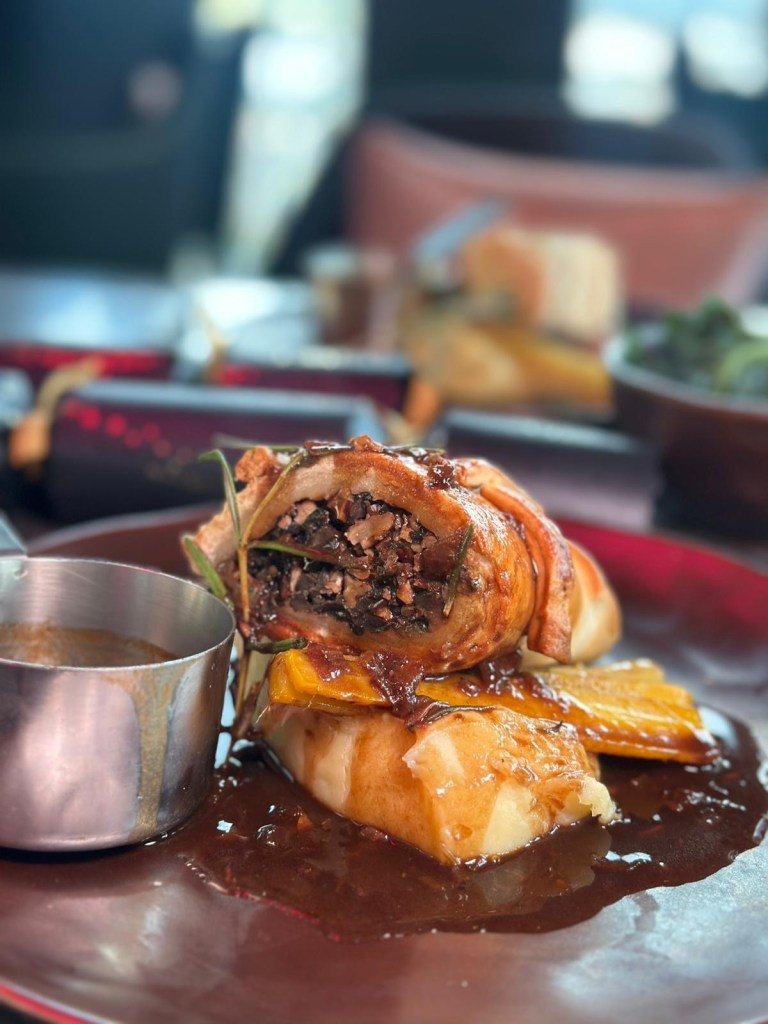 Vegetarian Portobello wellington with pecan stuffing at 3Sixty Newcastle festive menu.