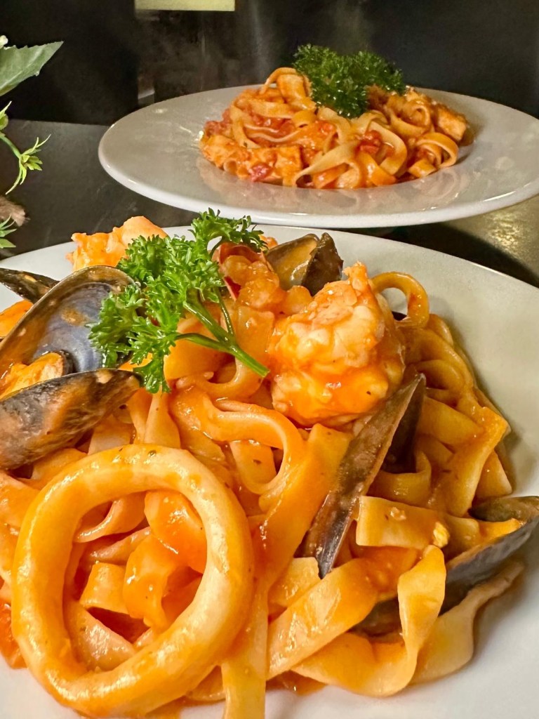 Seafood pasta frutti di mare from Pacino’s South Shields with tiger prawns, mussels and calamari in a tomato and chilli sauce.